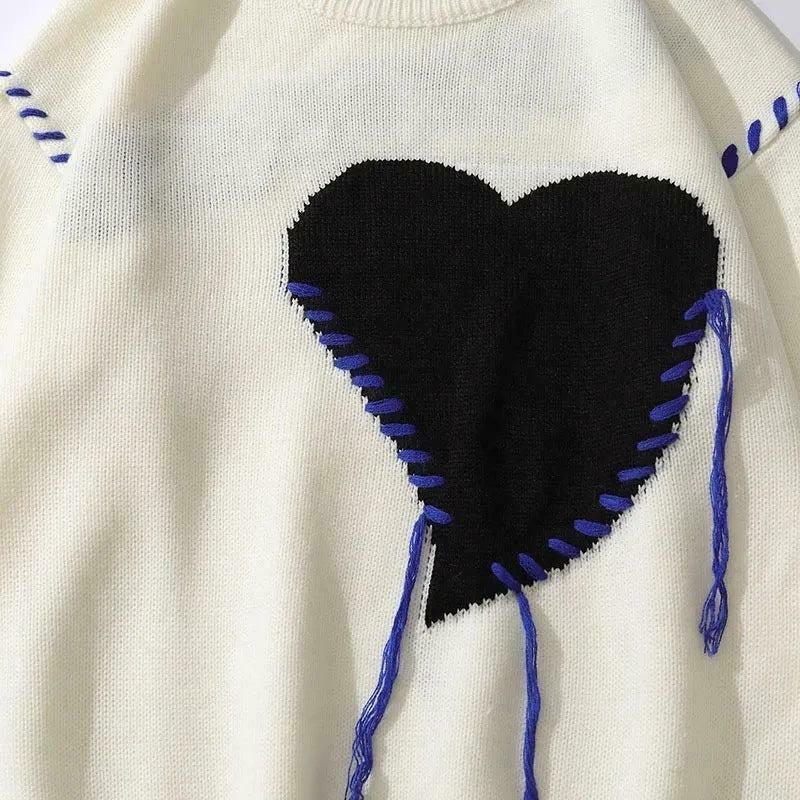 Weirdcore Heart Embroidered Sweater - Y2K Style Red and White Heart Sweater for Men