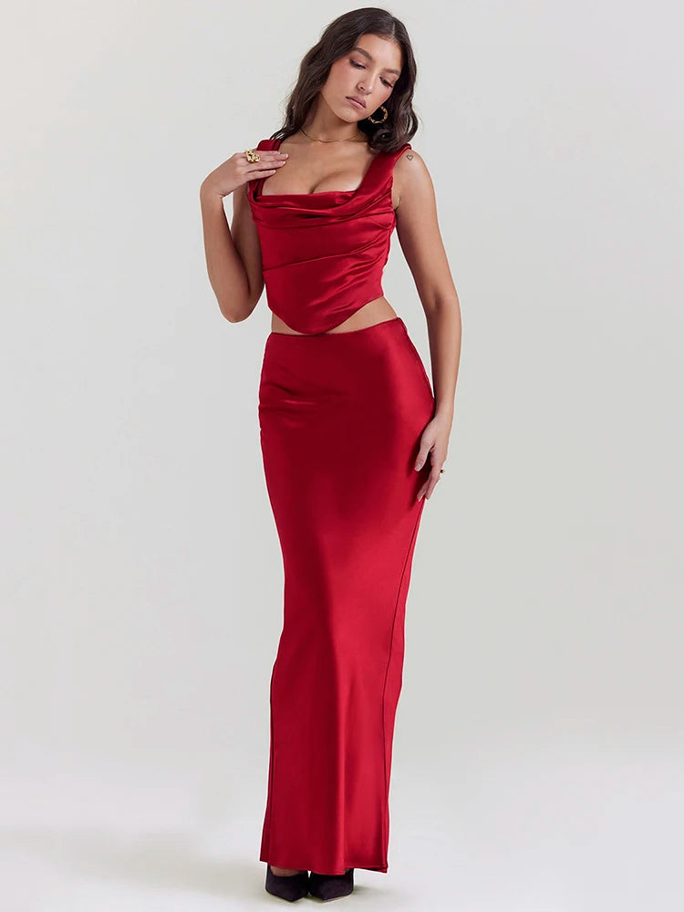 Wine Satin Corset Top & Maxi Skirt Two-Piece Set - Trendy Y2K Satin Outfit for Stylish Looks