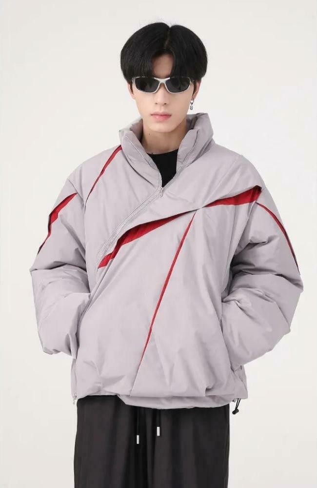 Y2K Asymmetrical Zipper Rainbow Puffer Jacket for Trendy Streetwear Style