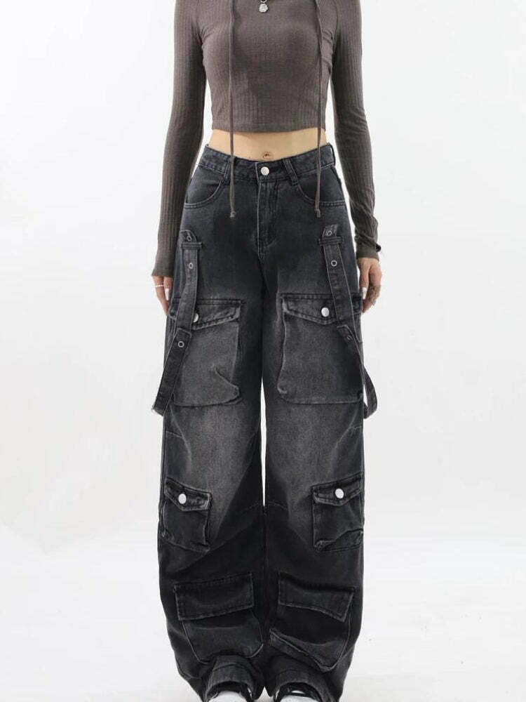 Y2K Belted Dark Wash Cargo Jeans for Trendy Grunge Outfits and Fashionable Looks