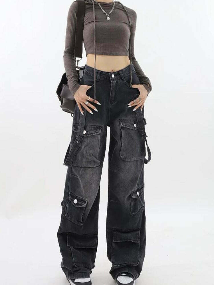 Y2K Belted Dark Wash Cargo Jeans for Trendy Grunge Outfits and Fashionable Looks