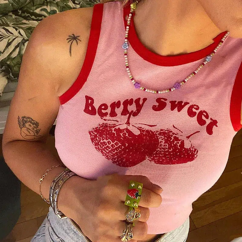 Y2K Berry Sweet Crop Top - Trendy Strawberry Print for Stylish Y2K Clothing Lovers