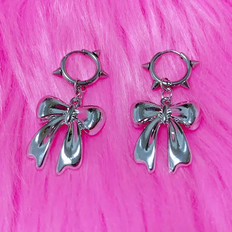 Y2K Bow Spiked Hoop Earrings - Trendy Bow Earrings for Grunge and 2000s Style Fashion