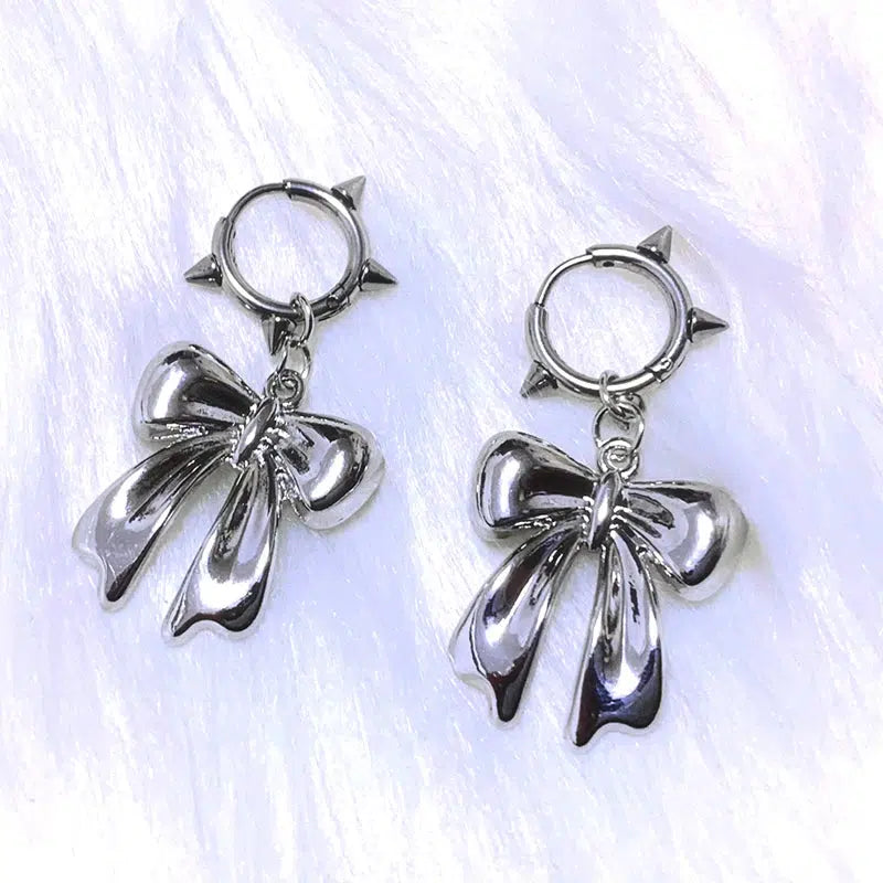 Y2K Bow Spiked Hoop Earrings - Trendy Bow Earrings for Grunge and 2000s Style Fashion