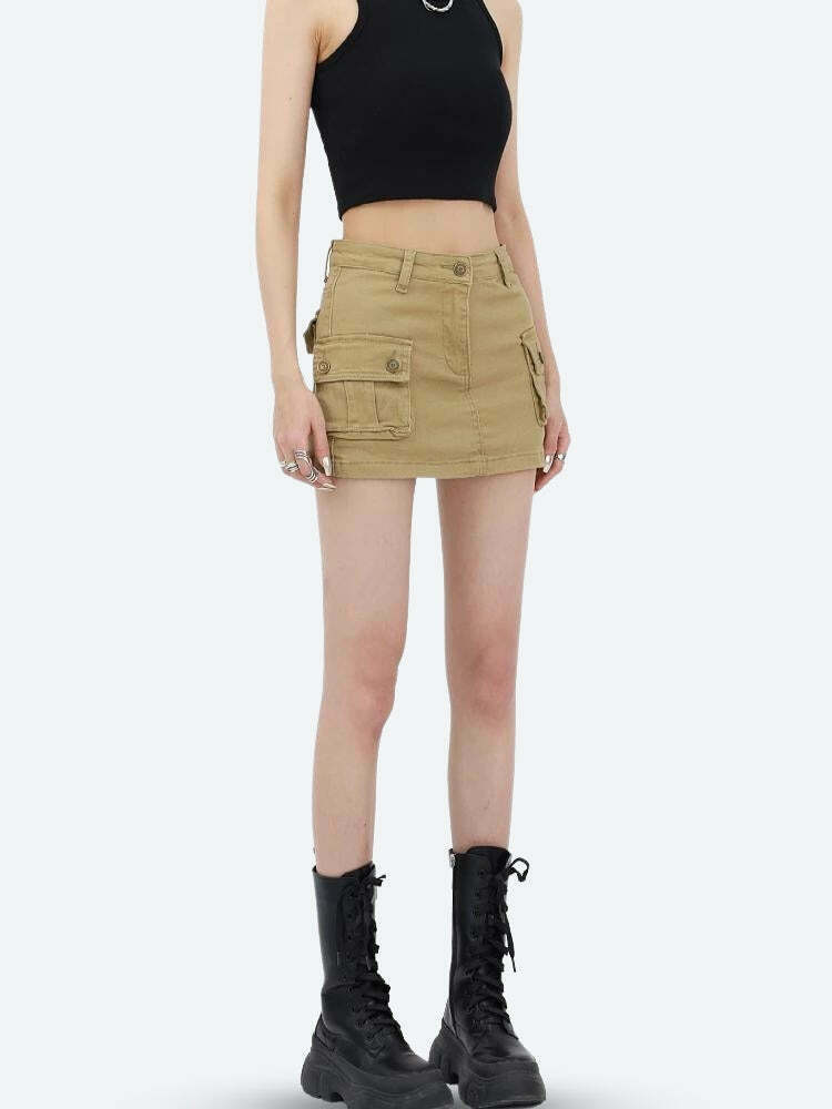 Y2K Cargo Denim Mini Skirt - Trendy Washed Denim Skirt with Fishtail Design for Stylish Outfits