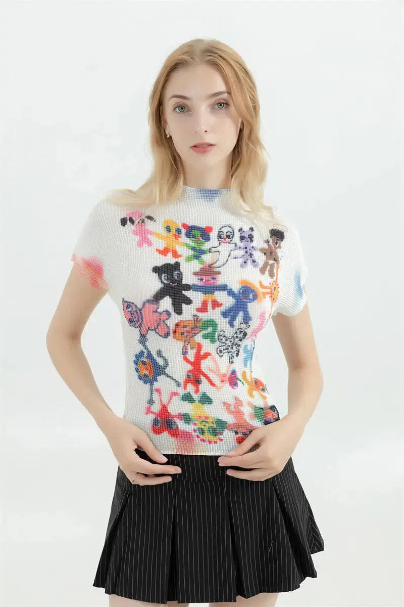 Y2K Cartoon Figures Printed Top - Trendy Grunge Design for Stylish Outfits