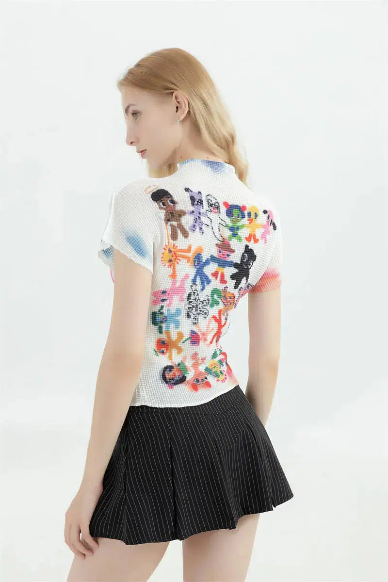 Y2K Cartoon Figures Printed Top - Trendy Grunge Design for Stylish Outfits