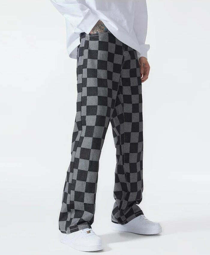 Y2K Checkered Black Pants for Trendy Grunge Style - Retro Aesthetic Fashion Essential