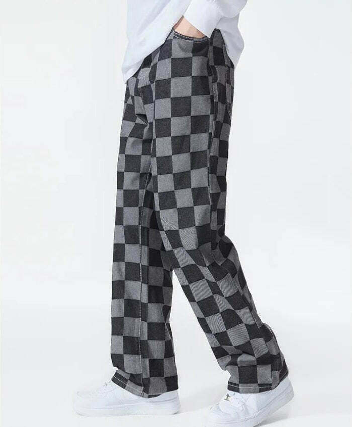 Y2K Checkered Black Pants for Trendy Grunge Style - Retro Aesthetic Fashion Essential