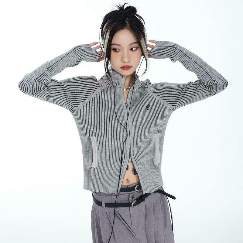 Y2K Cyber Zip-Up Turtleneck Cardigan - Trendy Korean & Asian Y2K Fashion Essential