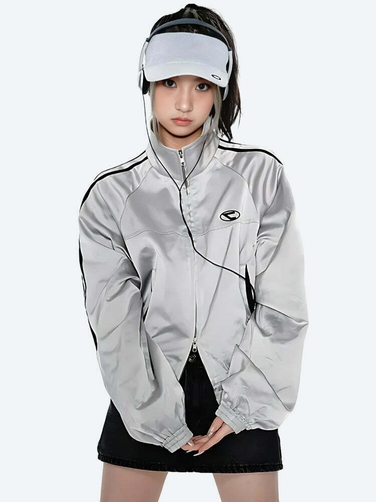 Y2K Cyberpunk Reflective Double Zip-Up Jacket for Trendy Streetwear and Stylish Looks