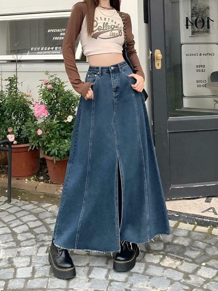 Y2K Denim Slit Frayed Hem Maxi Skirt for Trendy Style - Perfect Y2K Clothing Essential