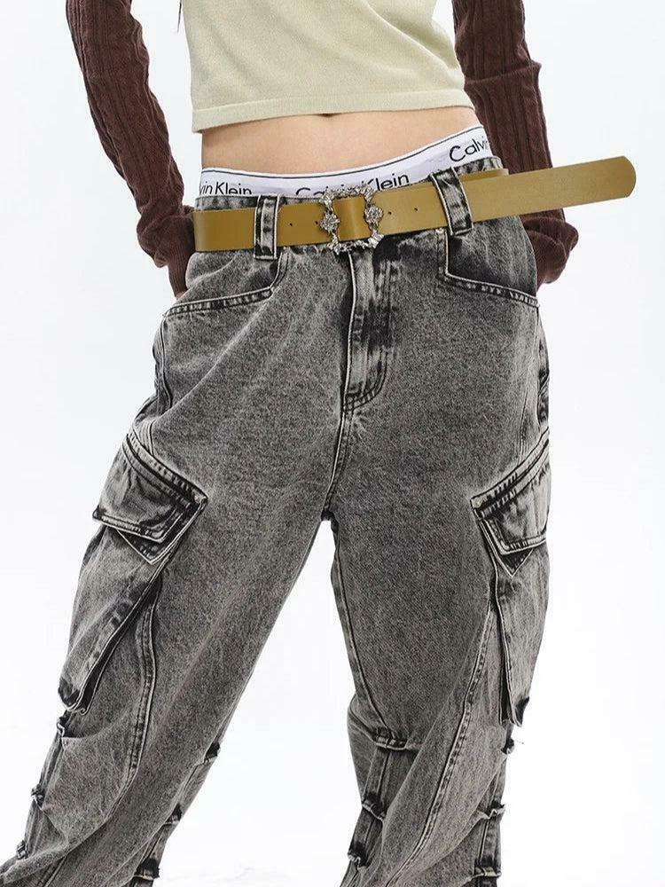 Y2K Distressed Orange Cargo Jeans with Big Pockets - Trendy Korean & Asian Fashion