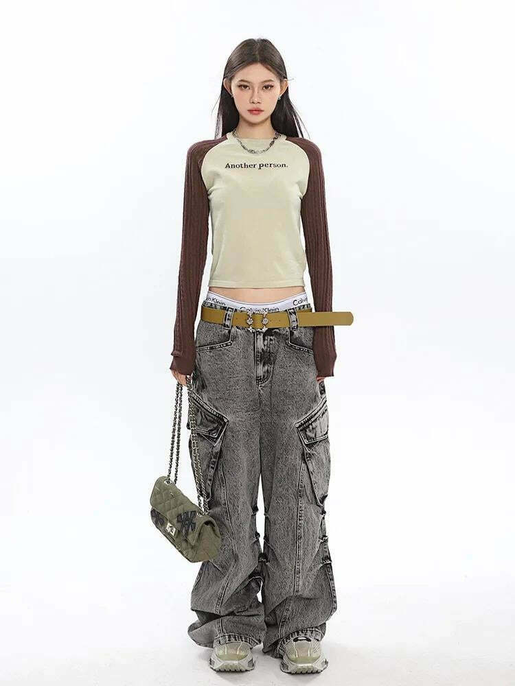 Y2K Distressed Orange Cargo Jeans with Big Pockets - Trendy Korean & Asian Fashion