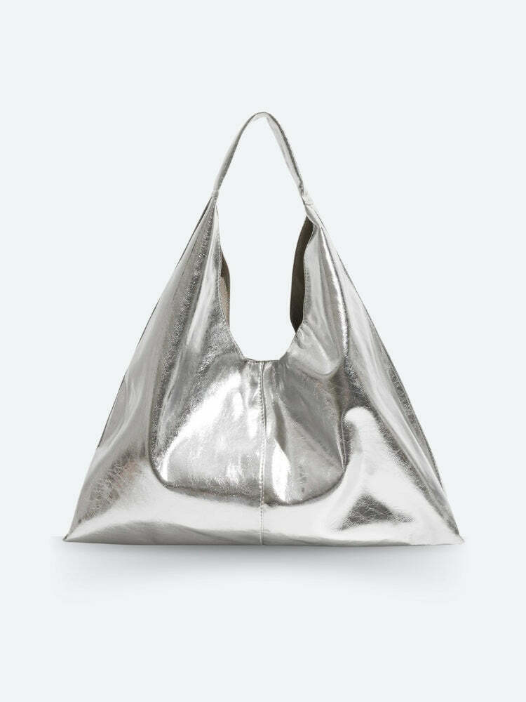 Y2K Faux Patent Leather Hobo Bag - Trendy 2000s Style for Fashion-Forward Looks