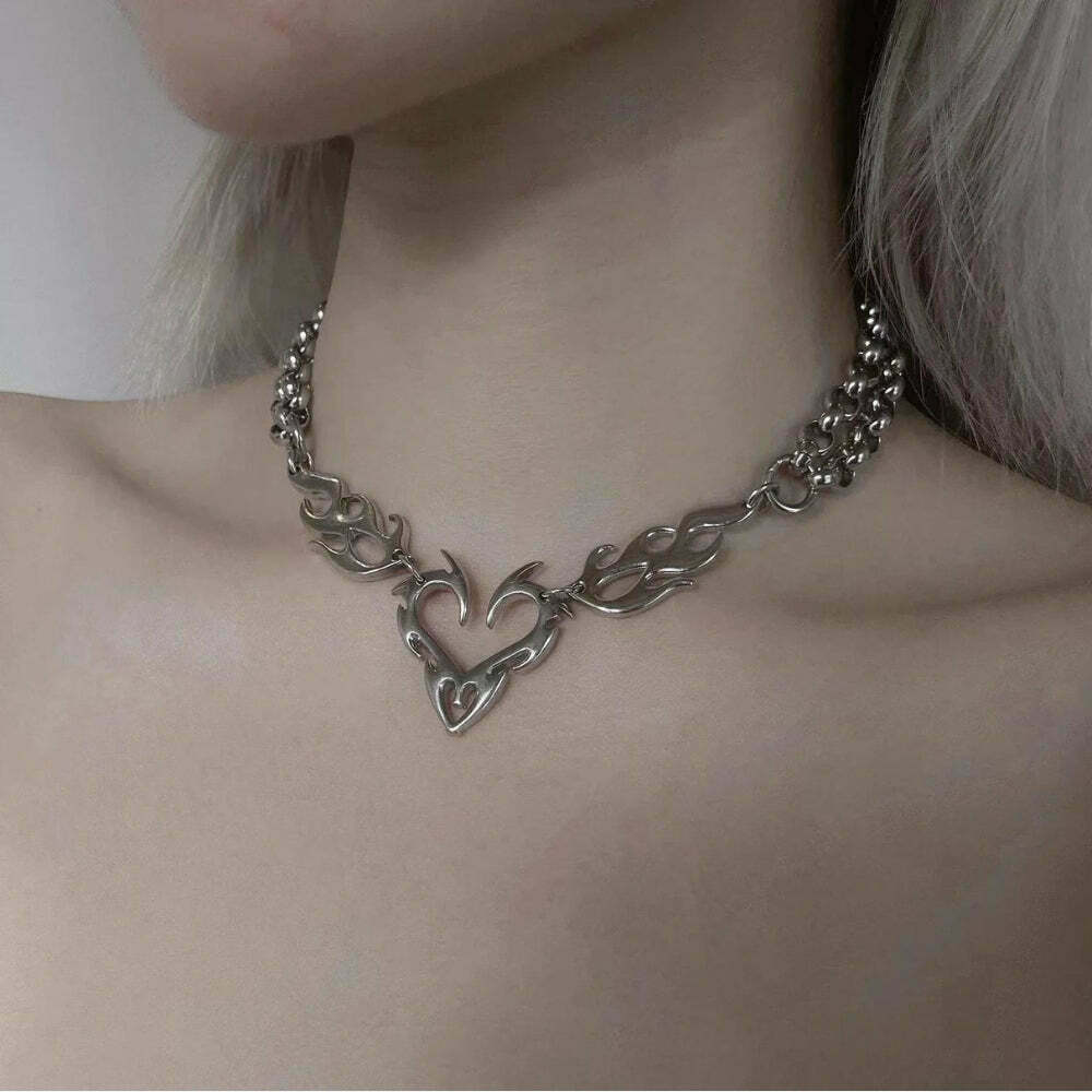 Y2K Flaming Heart Necklace - Trendy Accessory for Y2K Style Clothing and Fashion Enthusiasts