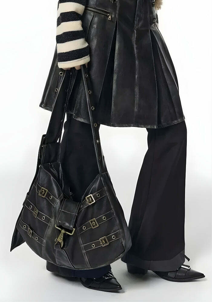 Y2K Grunge Faux Leather Belted Bag - Trendy Korean & Asian Fashion Accessory