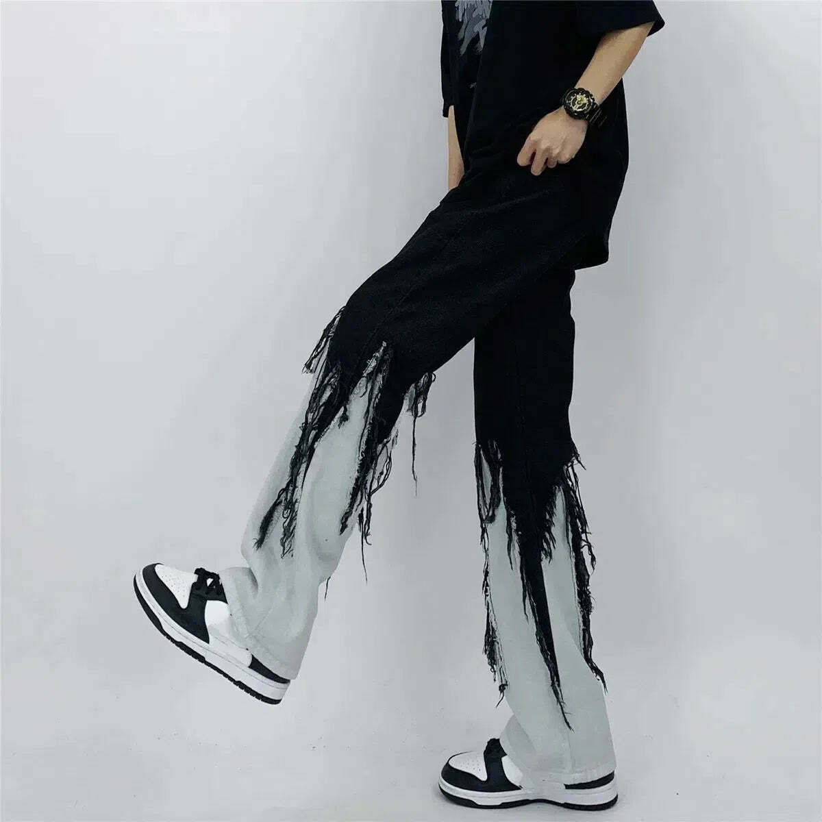 Y2K Grunge Fringed Straight Leg Jeans for Trendy Style | Must-Have Y2K Clothing