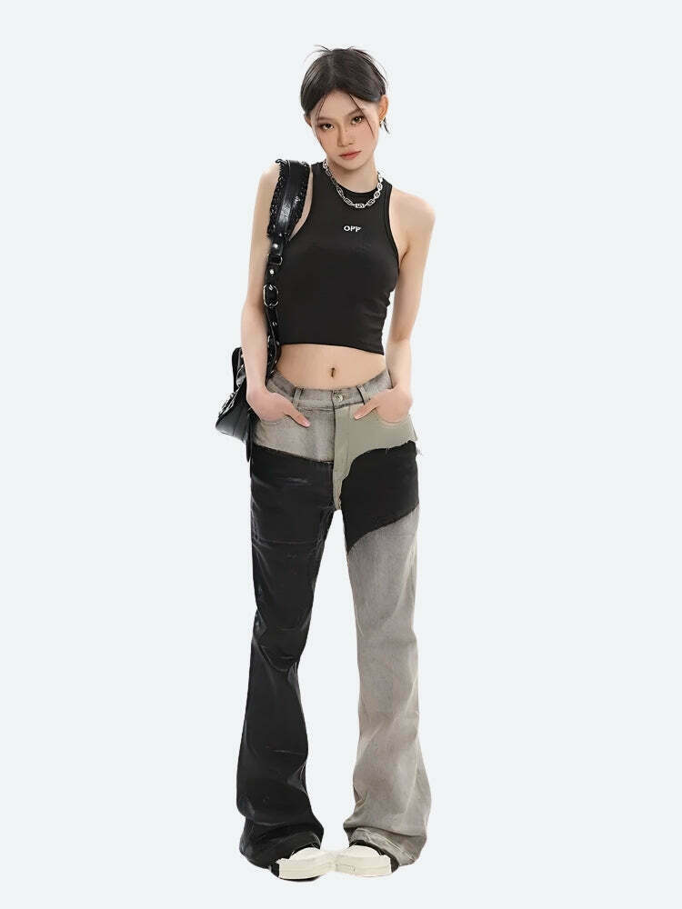 Y2K Grunge Patchwork Flare Pants - Lace Up Style for Trendy Korean & Asian Y2K Fashion