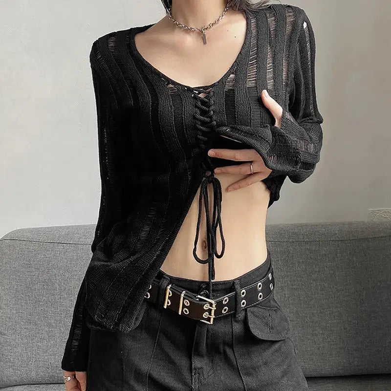 Y2K Grunge Sheer Lace-Up Knitted Top - Trendy Lace-Up Fashion for Dark Y2K Outfits