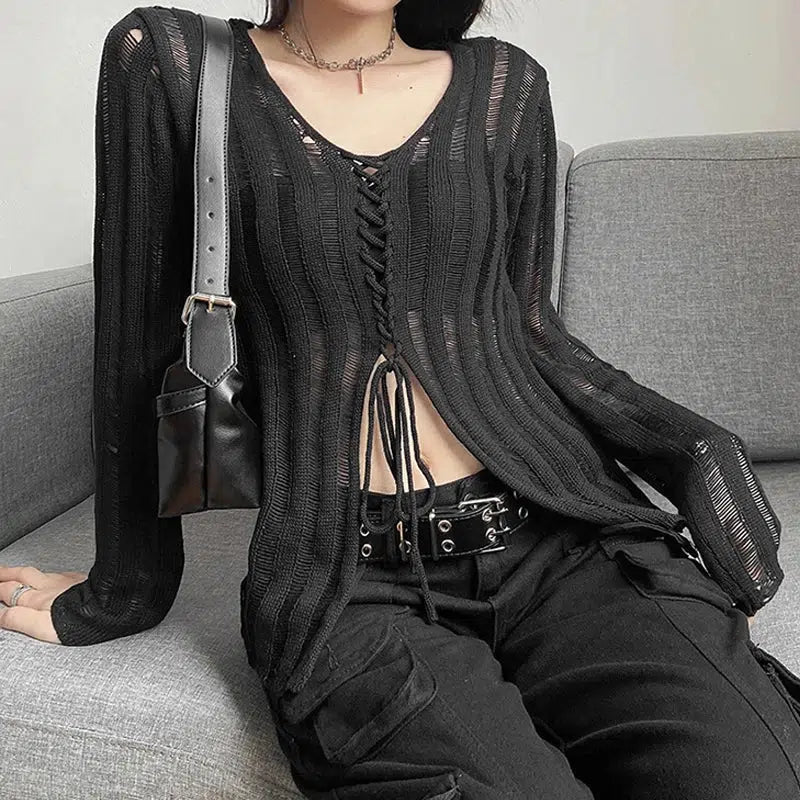 Y2K Grunge Sheer Lace-Up Knitted Top - Trendy Lace-Up Fashion for Dark Y2K Outfits