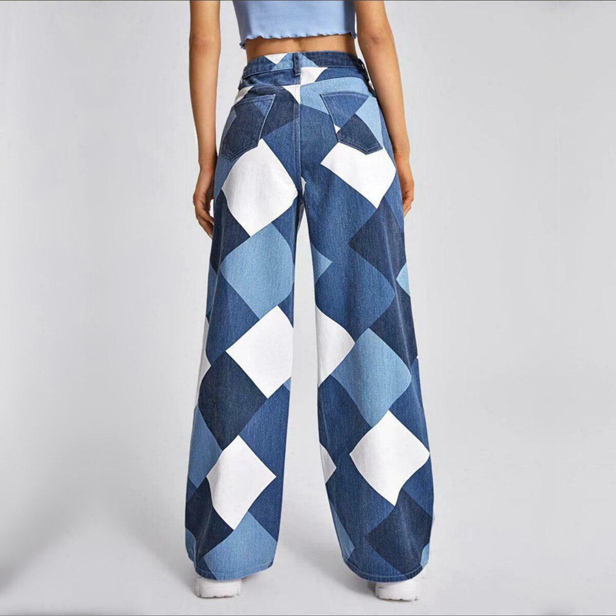 Y2K Harlequin Wide Leg Jeans for Trendy Outfits, Perfect for Grunge and Punk Styles