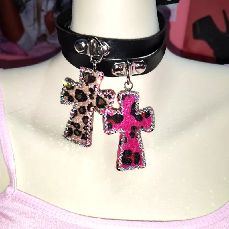 Y2K Leopard Cross Choker Necklace - Trendy Korean & Asian Fashion Accessory for Stylish Looks