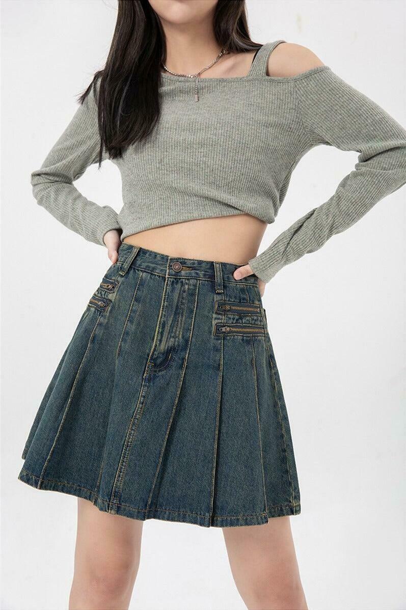 Y2K Pleated Denim Mini Skirt - A-Line Grunge Style for Trendy Y2K Fashion Lovers