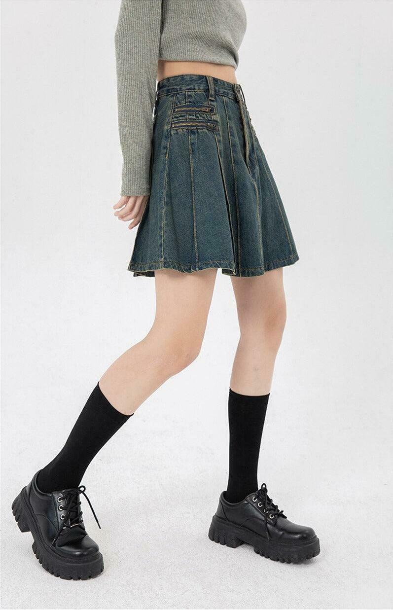 Y2K Pleated Denim Mini Skirt - A-Line Grunge Style for Trendy Y2K Fashion Lovers