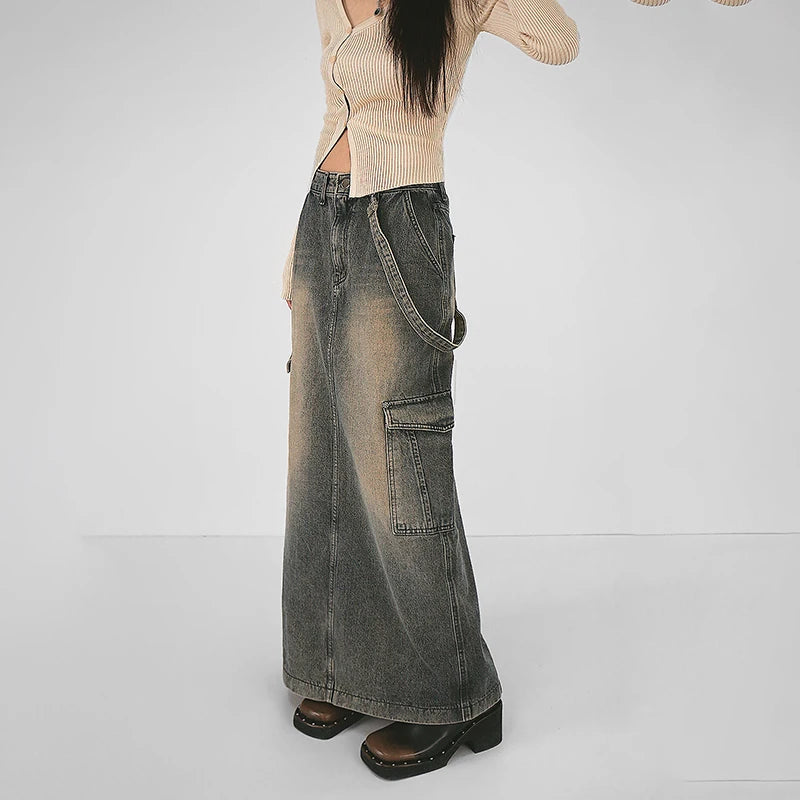 Y2K Side Strap Cargo Maxi Skirt - Trendy Grey Cargo Skirt for Y2K Scene & Disco Fashion