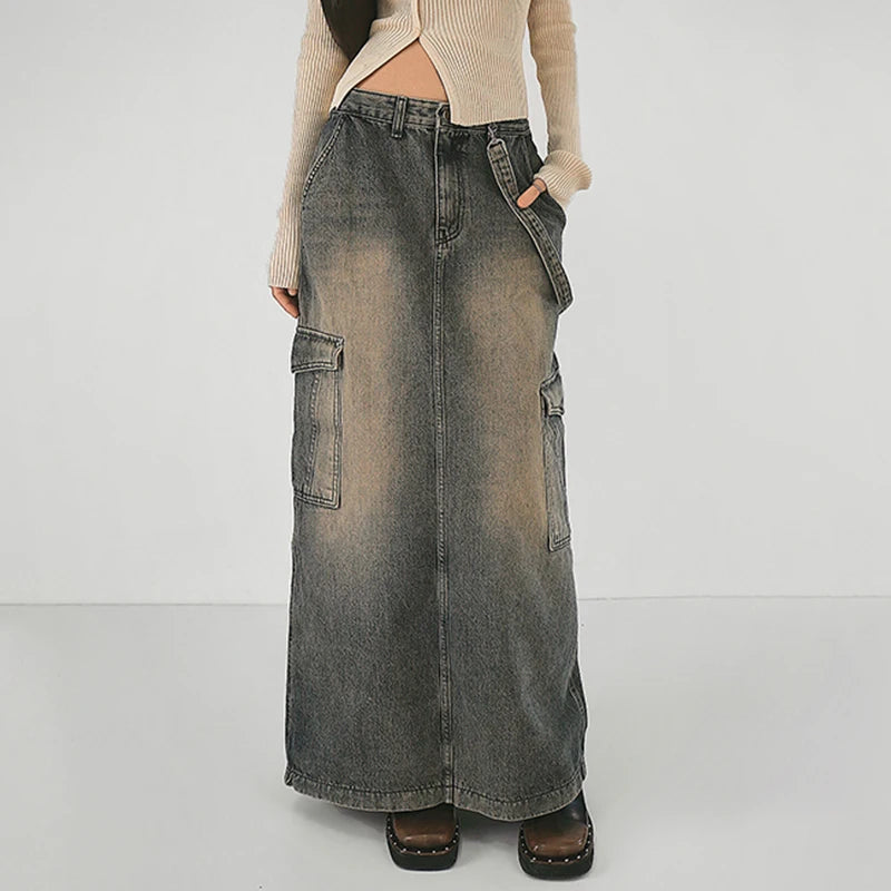 Y2K Side Strap Cargo Maxi Skirt - Trendy Grey Cargo Skirt for Y2K Scene & Disco Fashion