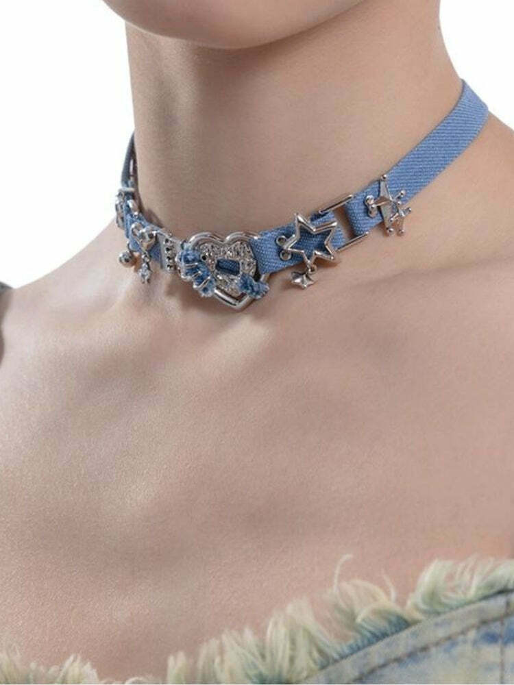 Y2K Sparkle Denim Choker Necklace - Trendy Grunge Accessory for Iconic Y2K Fashion Outfits