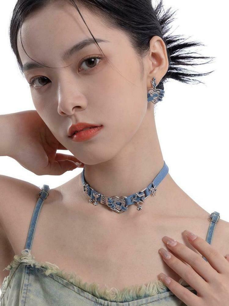 Y2K Sparkle Denim Choker Necklace - Trendy Grunge Accessory for Iconic Y2K Fashion Outfits