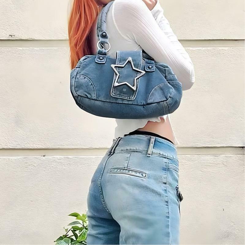 Y2K Star Denim Baguette Bag - Trendy Denim Bag for Stylish Y2K Fashion Lovers