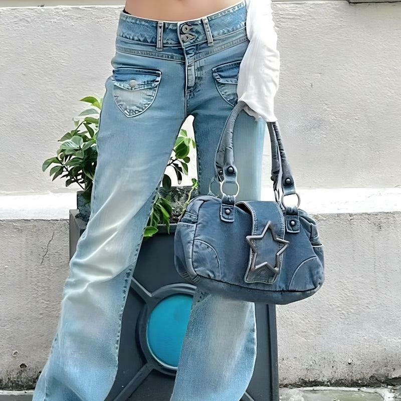 Y2K Star Denim Baguette Bag - Trendy Denim Bag for Stylish Y2K Fashion Lovers