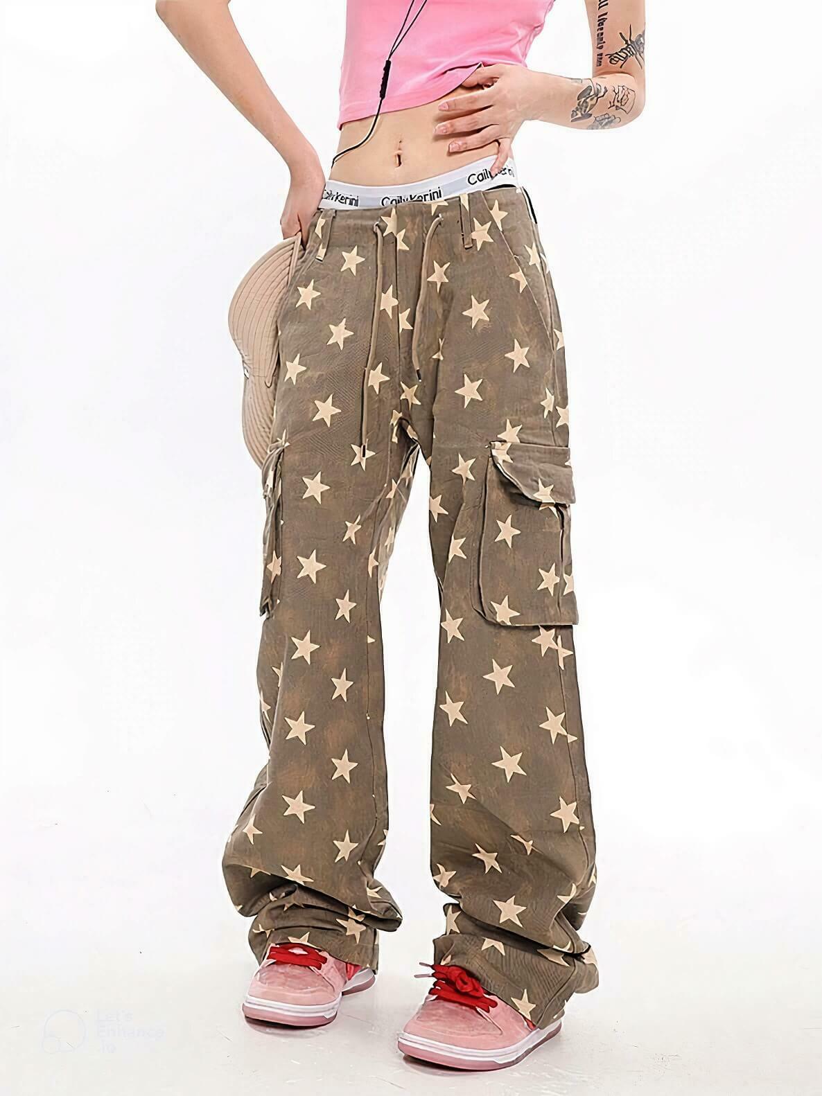 Y2K Star Low Rise Baggy Jeans in Pink and Black - Trendy Korean Fashion for a Retro Look