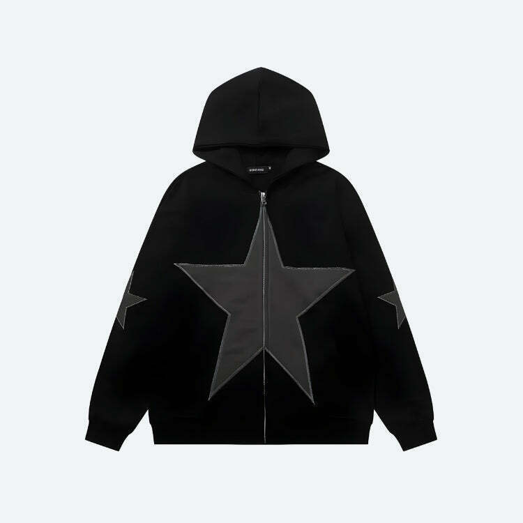 Y2K Star Patch Zip-Up Hoodie - Trendy Korean Fashion for Stylish Star Lovers