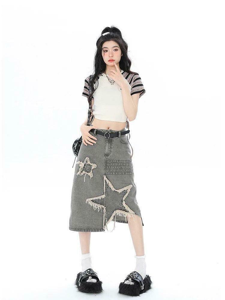 Y2K Star Patchwork Midi Skirt - Trendy Korean & Asian Y2K Fashion Statement Piece