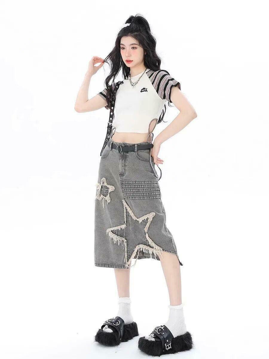 Y2K Star Patchwork Midi Skirt - Trendy Korean & Asian Y2K Fashion Statement Piece