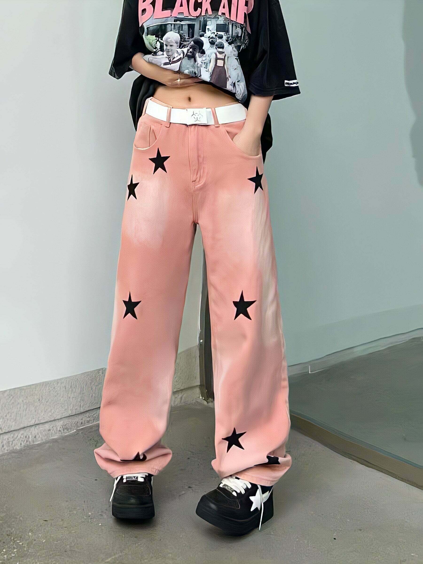 Y2K Star Printed Baggy Jeans - Trendy Pink and Black Star Jeans for Stylish Y2K Clothing