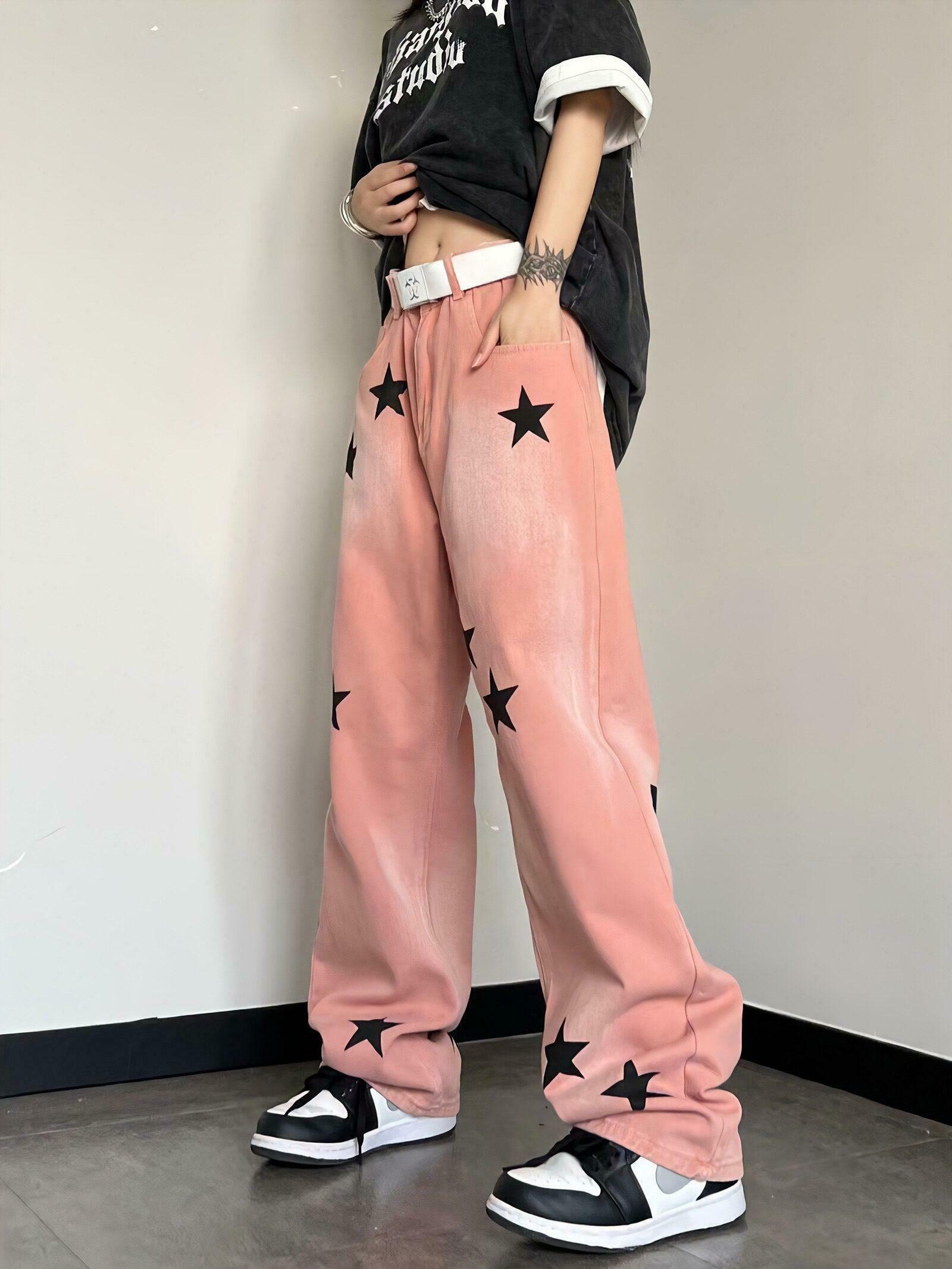 Y2K Star Printed Baggy Jeans - Trendy Pink and Black Star Jeans for Stylish Y2K Clothing