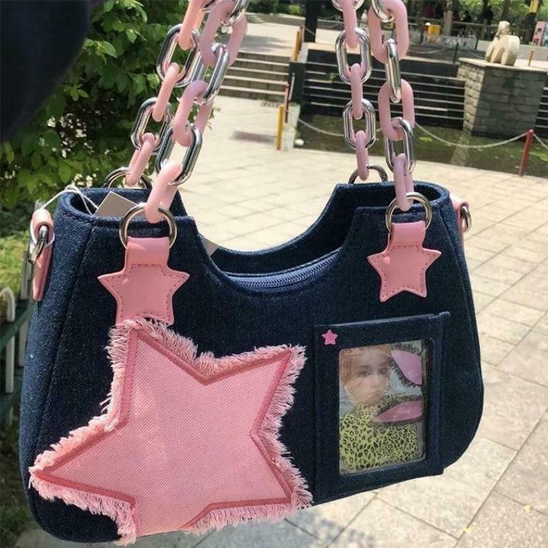 Y2K Star Transparent Denim Bag - Trendy 2000s Grunge Style for Fashion Enthusiasts