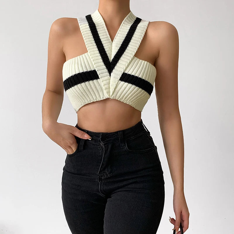 Y2K Striped Knitted Crop Top - Trendy Black Style for Grunge Outfits and Fashion Lovers