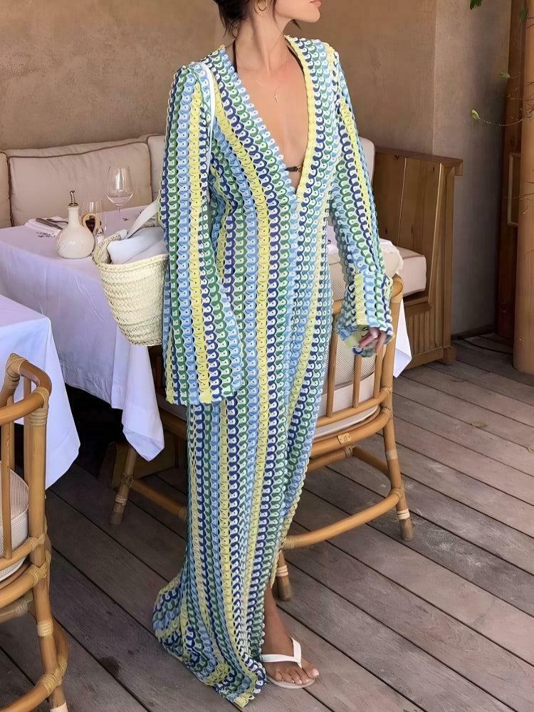 Y2K Style Crochet Striped Plunge Neck Maxi Dress for Trendy Grunge Fashion Lovers