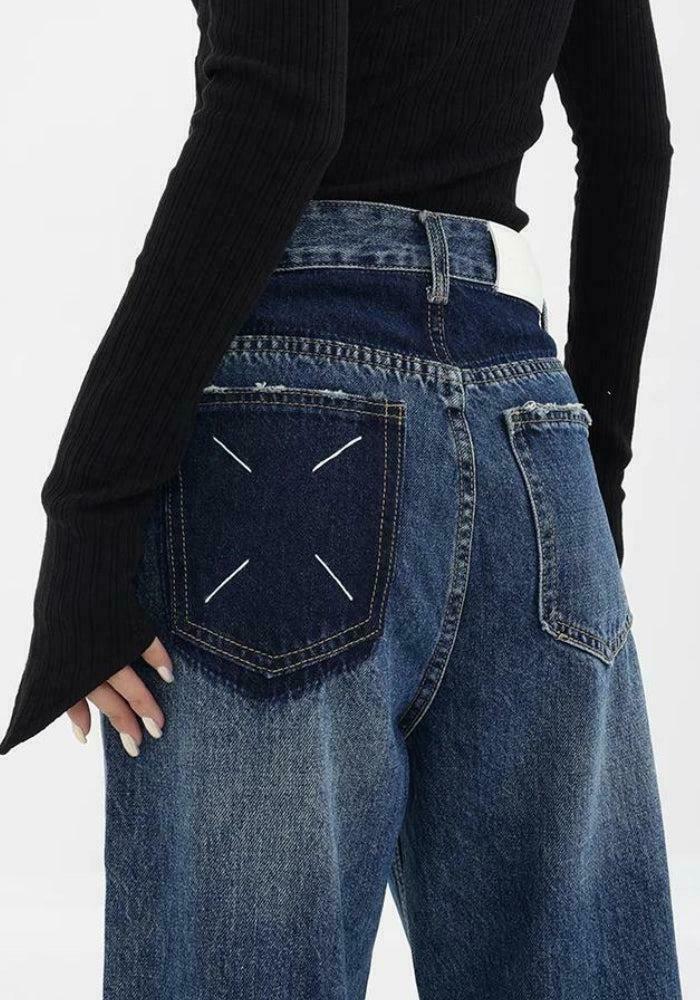 Y2K Style Patch Pocket Straight Leg Denim Jeans for Trendy Fashion Enthusiasts