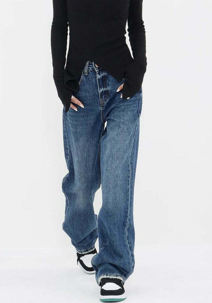 Y2K Style Patch Pocket Straight Leg Denim Jeans for Trendy Fashion Enthusiasts