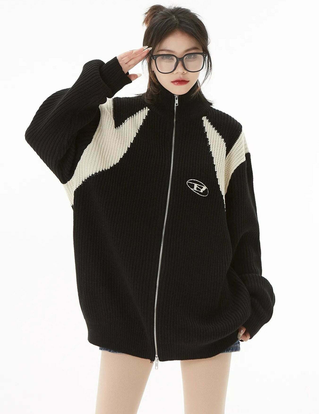 Y2K Turtleneck Zip-Up Loose Cardigan for Trendy Style - Perfect Zip-Up Layering Piece