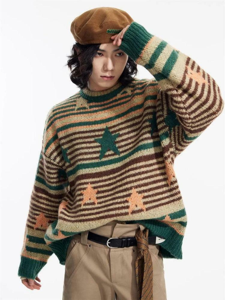 Y2K Vintage Stars Striped Knitted Sweater - Trendy Korean & Asian Y2K Fashion Essential