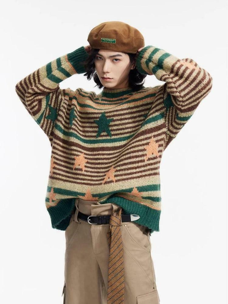 Y2K Vintage Stars Striped Knitted Sweater - Trendy Korean & Asian Y2K Fashion Essential