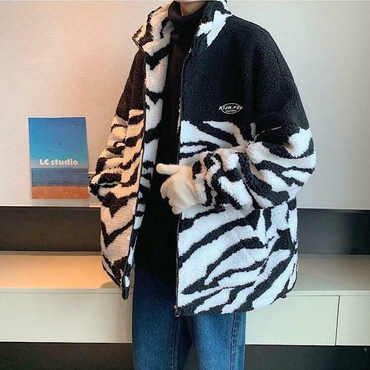 Zebra Print Zip-Up Jacket for Y2K Fashion: Trendy Cyber Style for Men and Tomboys